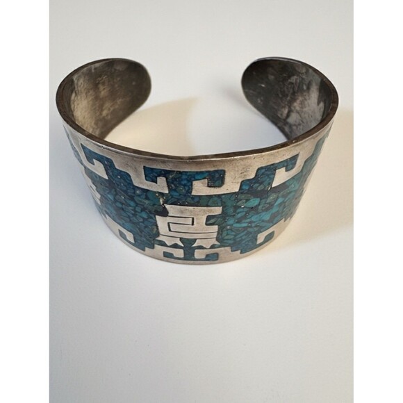 Designer Jewelry - Signed HMP MEXICO Sterling Silver Turquoise Inlay Bangle Bracelet